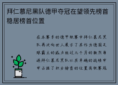拜仁慕尼黑队德甲夺冠在望领先榜首稳居榜首位置