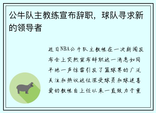公牛队主教练宣布辞职，球队寻求新的领导者