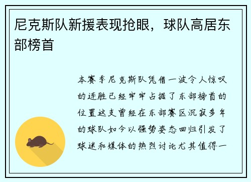 尼克斯队新援表现抢眼，球队高居东部榜首